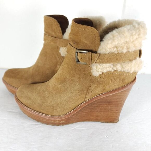 UGG Women's Anais US9 Chestnut Suede Sheepskin Wedge Shearling Boots Booties - Picture 2 of 14